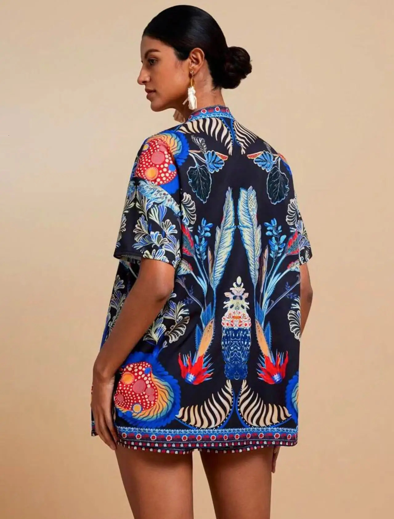 2025 Summer Fashion Printed Two Piece Set Women Casual Beach Style Holiday Cardigan Shirt Top Shorts 2Piece Outfit 250825