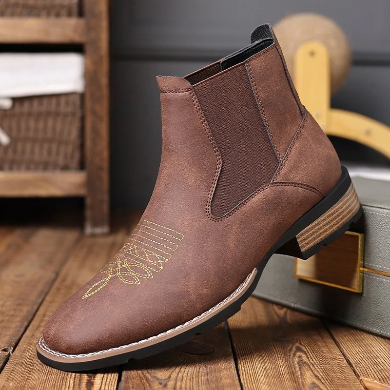 Mens Chelsea Boots High Quality Casual Leather Boots Retro Ankle Boots for Men Embroidery Western Cowboy Boot Botas Masculinas 250823