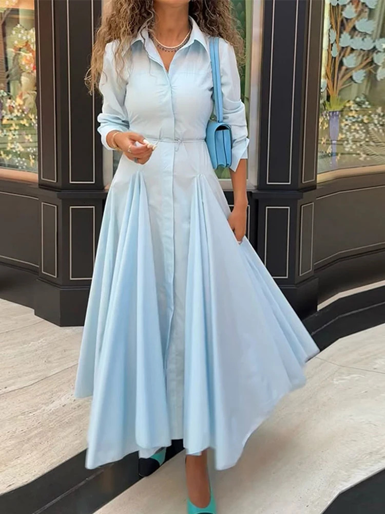 Solid Womens Casual Pleated Long Dress Fashion Lapel Full Sleeve Button Maxi Dress Lady 2025 Early Autumn Chic Street Robes 250825