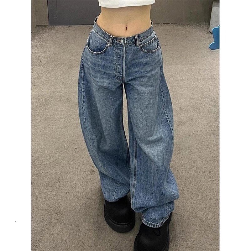 Gradient Spring 2025 Blue Women Y2K Vintage High Waisted Jeans Straight Streetwear Loose Large Wide Leg Denim Pants Z260313