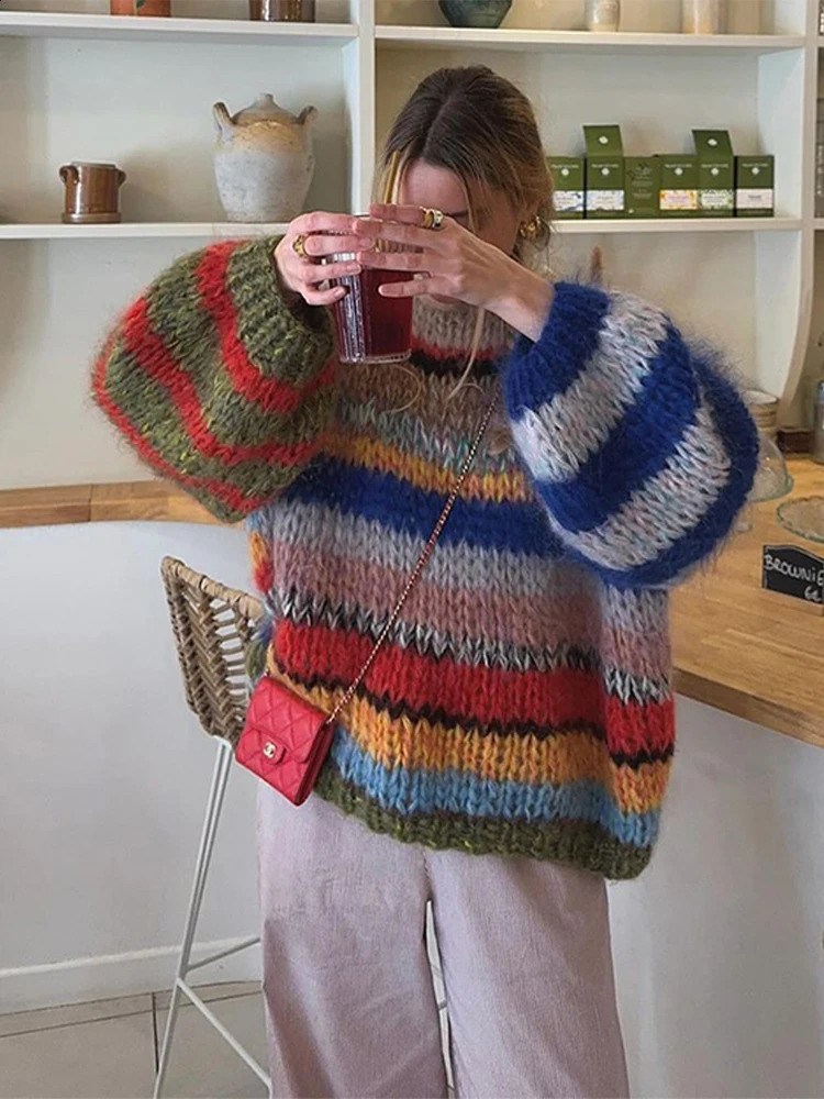 Rainbow Striped Sweater Round Neck Loose Color Contrast Casual Pullover Soft Waxy Thick Knit Sweaters Fashion Women Knitwear Top 250826