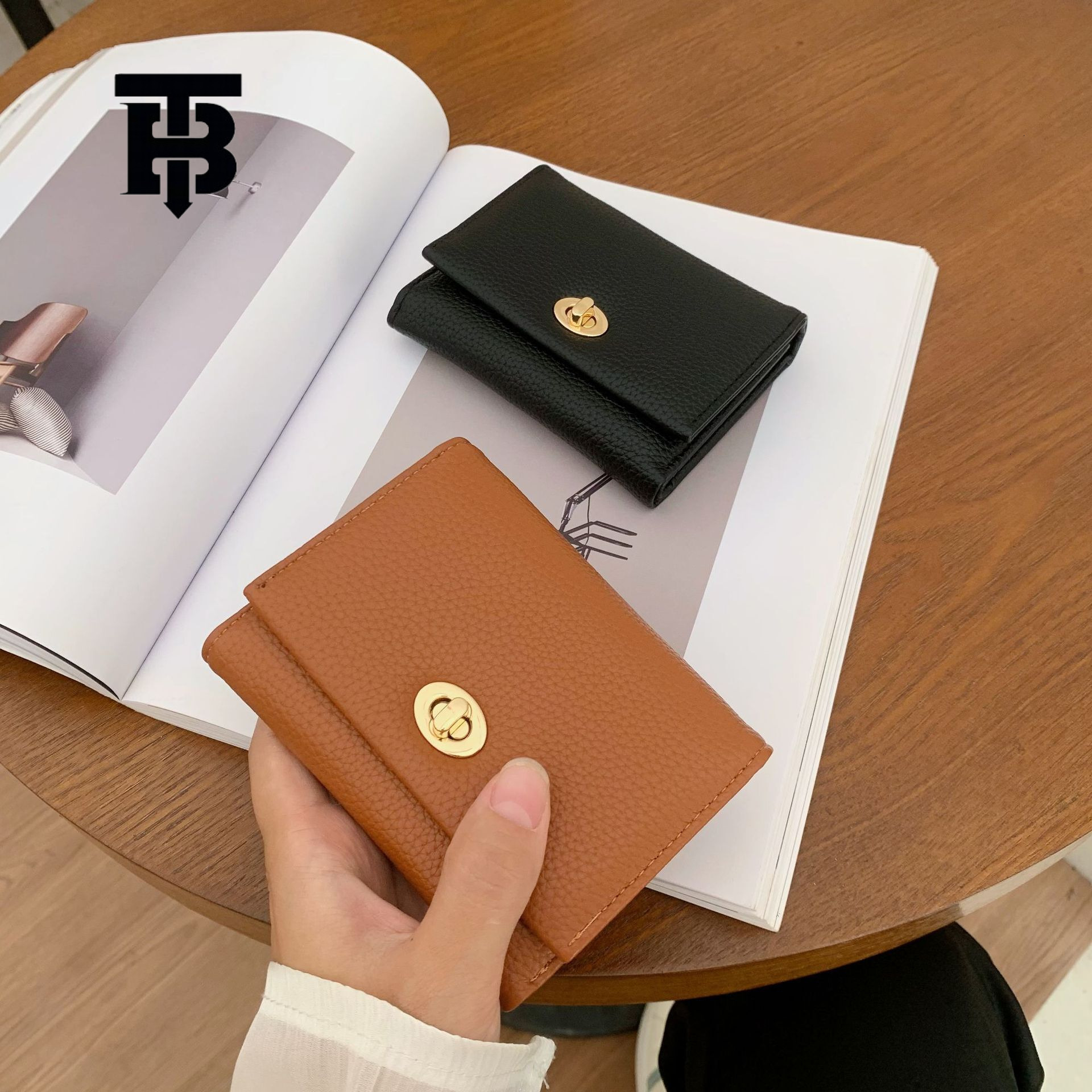TB BHULAMTE Urban Simple Women's Wallet Luxury New Korean Metal Buckle Folding Card Bag Fashion Solid Color Designer Zipper Coin Bag Lychee Patte
