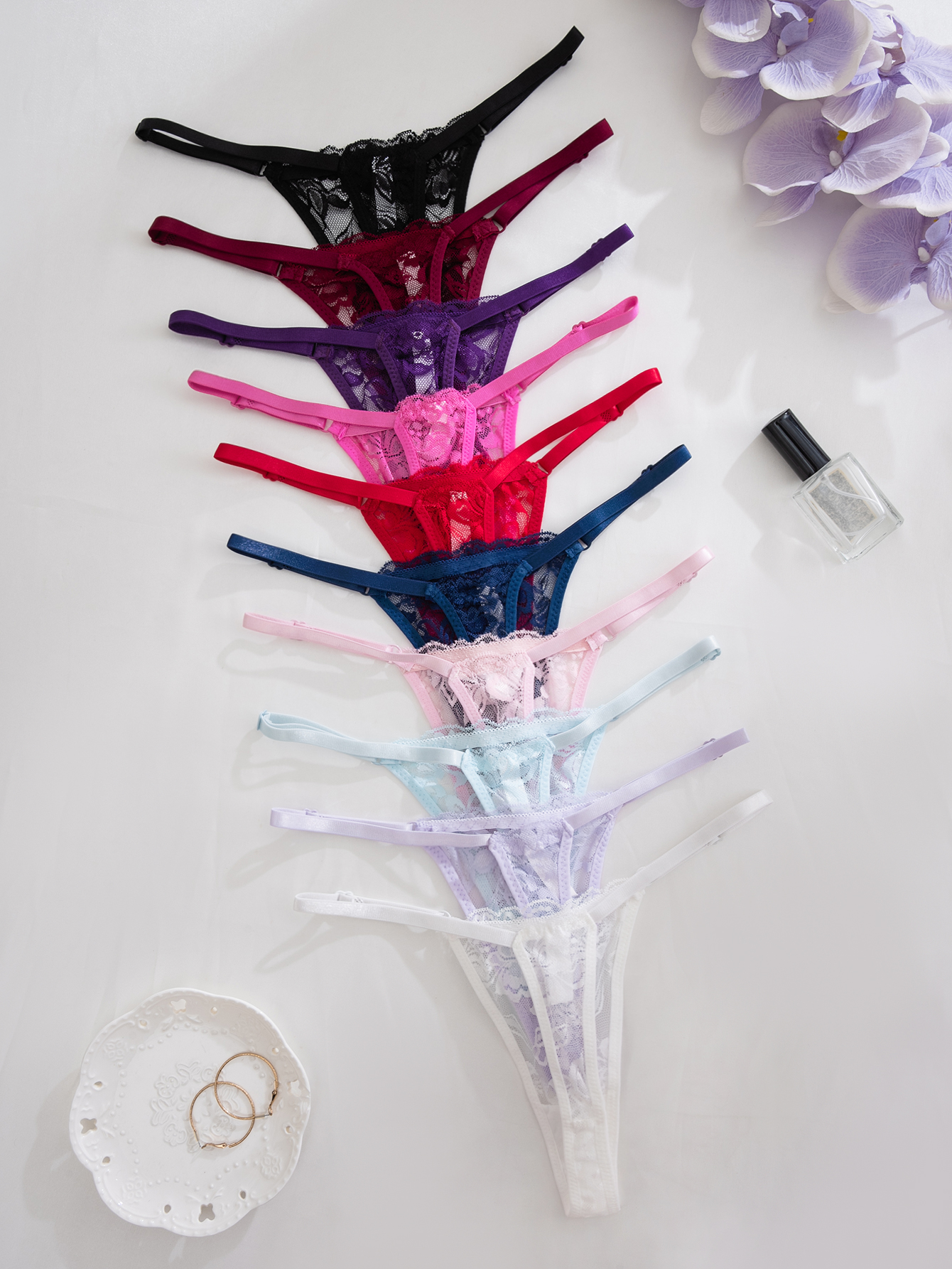 Multicolor Lace Thong Panties Set - 10 - Piece Assorted Colors for Women