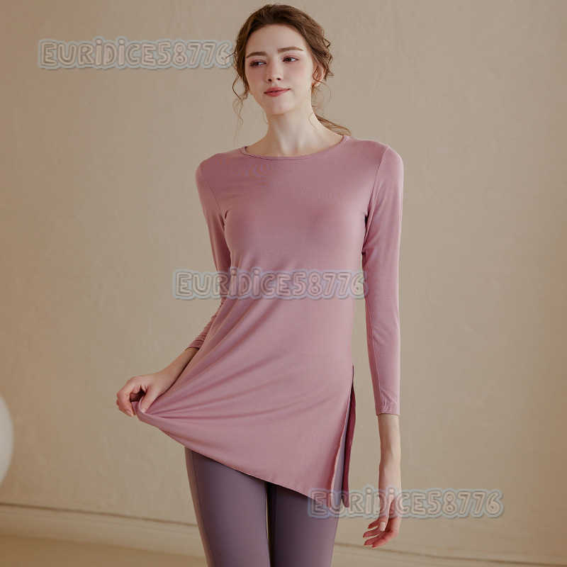 Womens Yoga Clothing Midlength Slimming Hipcovering Long Sleeve Sports Tshirt Loose Breathable Thin Split Fitness Top H250825