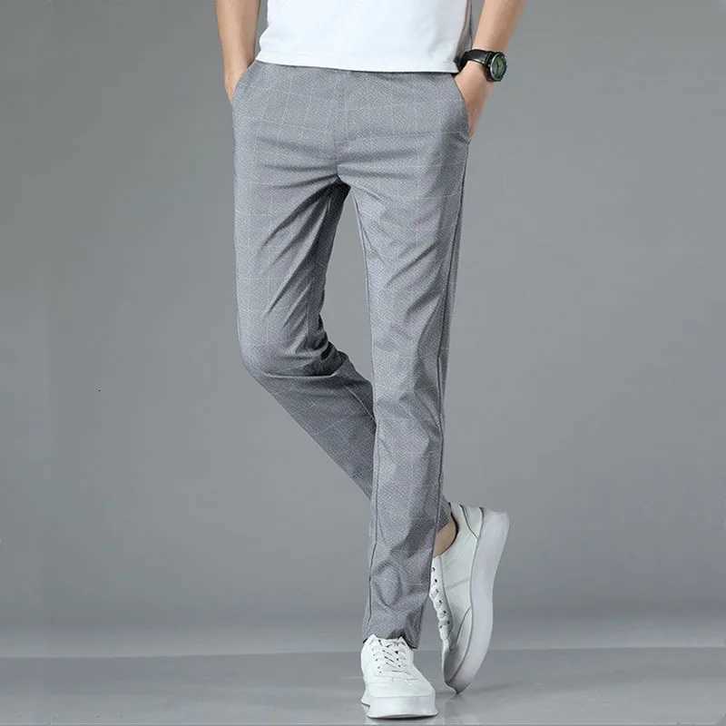Summer Thin Grid Formal Elastic Pants for Men Slim Fit Business Gray Black Casual Pants Fashionable Mens Pants W250826