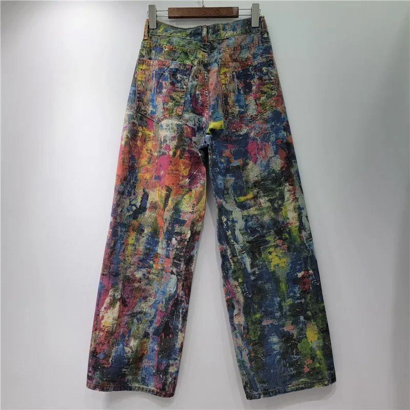 DEAT Womens Jeans High Waist Retro Colorful Straight Printed Splashed Ink Graffiti Denim Pants Fashion Summer 29L9916 250825