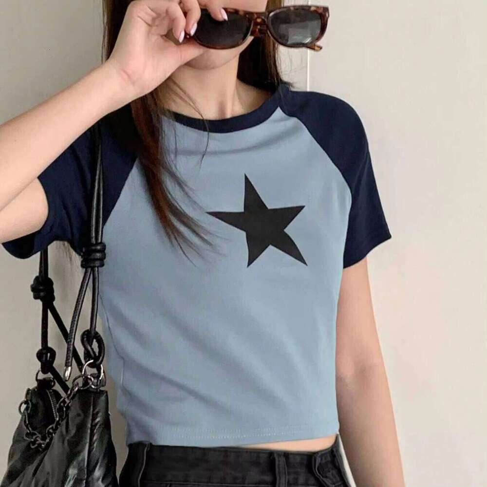 European American Sexy Pentagram Short Sleeved Women's 100% Cotton Knitted Top Slim Fit Spring Summer Casual Style