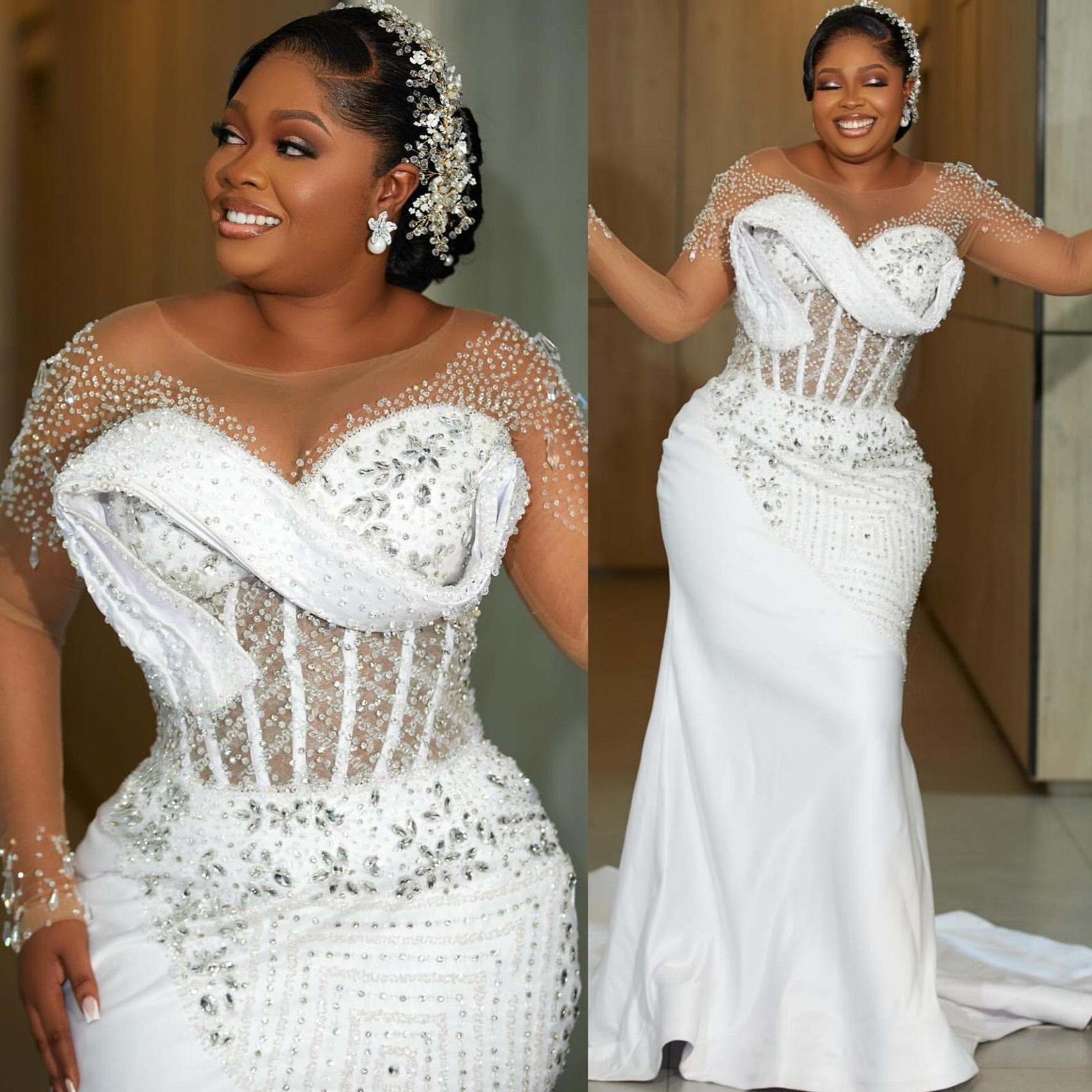 2025 Aso Ebi Plus Size White Mermaid Wedding Dress Rhinestones Beaded Sheer Neck Full Sleeves Satin Vintage Bridal Gowns Dresses ZJ0686
