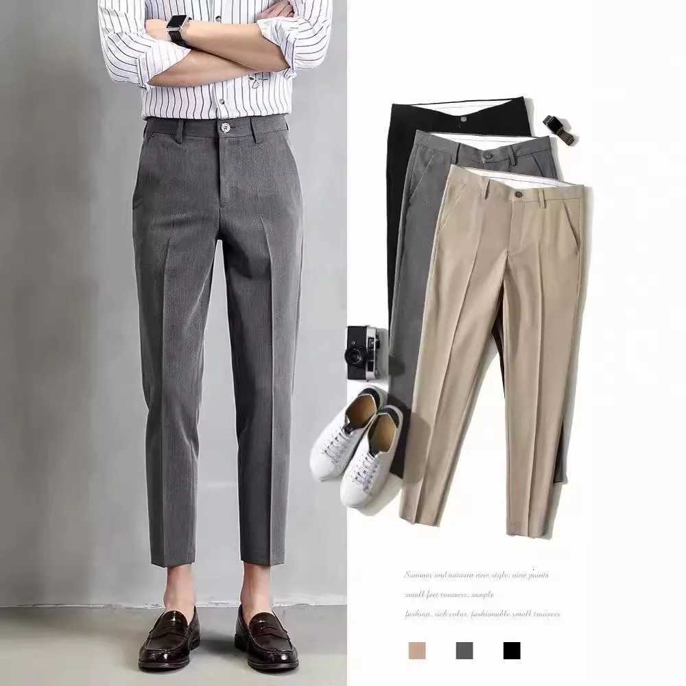 Mens elastic straight leg pants business casual cropped pants mens formal suit pants solid color W250826
