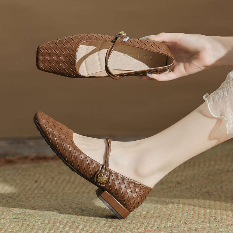 Lanjia- H263-6 Internet Celebrity Breathable Square Toe Mary Jane Women's Shallow Mouth Plaid Pattern Low Chunky Heel Single Shoes Women Autumn W