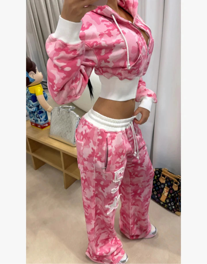 Streetwear Harajuku Retro Pink Two Piece Sportswear Hip Hop Rock Sexy Camouflage Short Hoodie Women Y2K Casual Sports Pants 250825