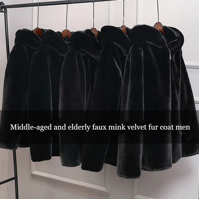 Autumn Winter Men Faux Fur Coat Black Mink Jacket Oversize Mens Plush Fluffy Hooded Windbreaker Zip Up Top Overcoat 250825