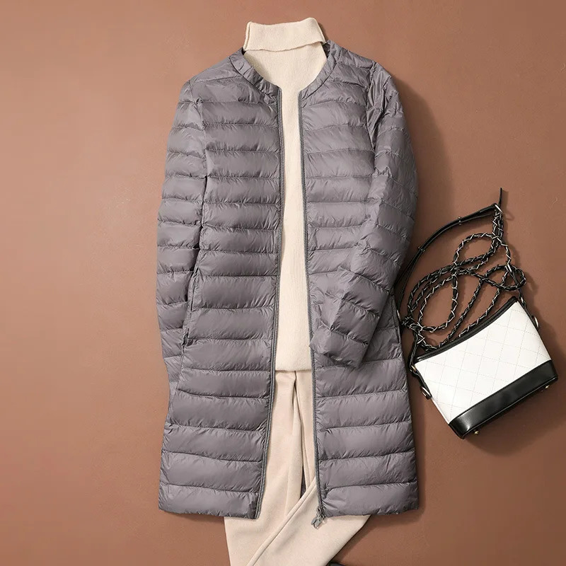 Autumn Winter Ultralight Women Long Duck Down Coats Korean Style ONeck Feather Liner Collarless Puffer Jackets 250826