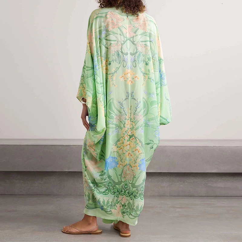 2025 Summer Vacation Casual Loose Dresses Elegant Flare Sleeve VNeck Bohemian Dress Fashion Floral Print Long Dresses For Woman 250826