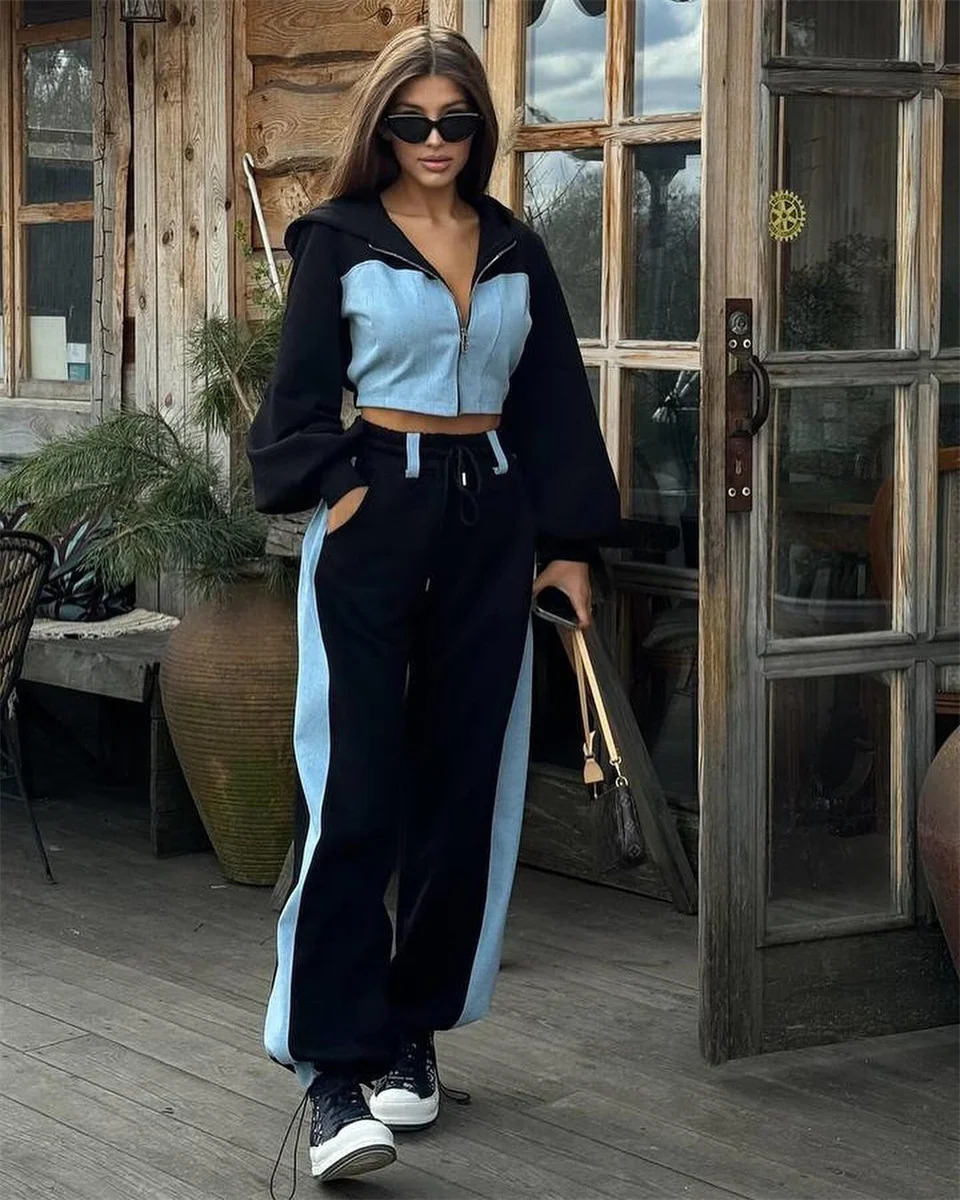Casual Patchwork Denim 2 Piece Sets Women Outfit Slim Hoodies Crop Top Wide Leg Sweatpants Suit Streetwear Fashion Tracksuits 250826