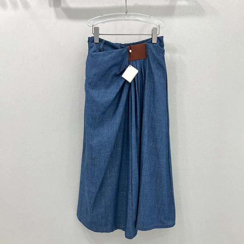 Women Chic Denim Midi Skirt Designer Asymmetric Skirts INS Leather Label Pleated Skirts