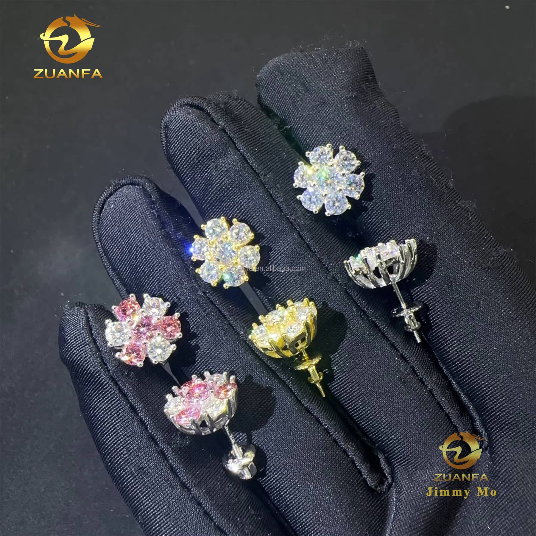 Bulk Stock Flower Shape Drop Shipping Luxury Iced Out Hip Hop Sterling Silver 925 Screw Back Moissanite Cluster Stud Earrings