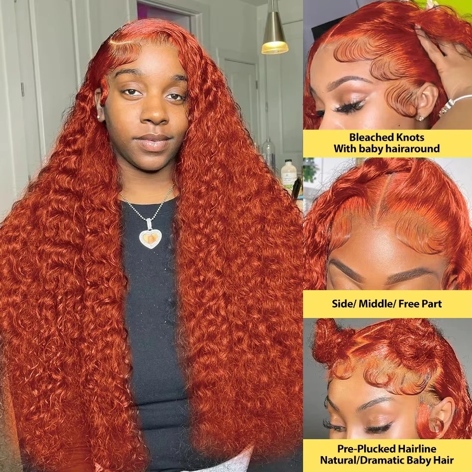 Orange Colored Water Wave High Density 13x6 Hd Lace Frontal Human Hair Wig Gluelesss Preplucked Deep Wave Pre-Cut 30 Inch Ginger Curly Wigs Ready To W