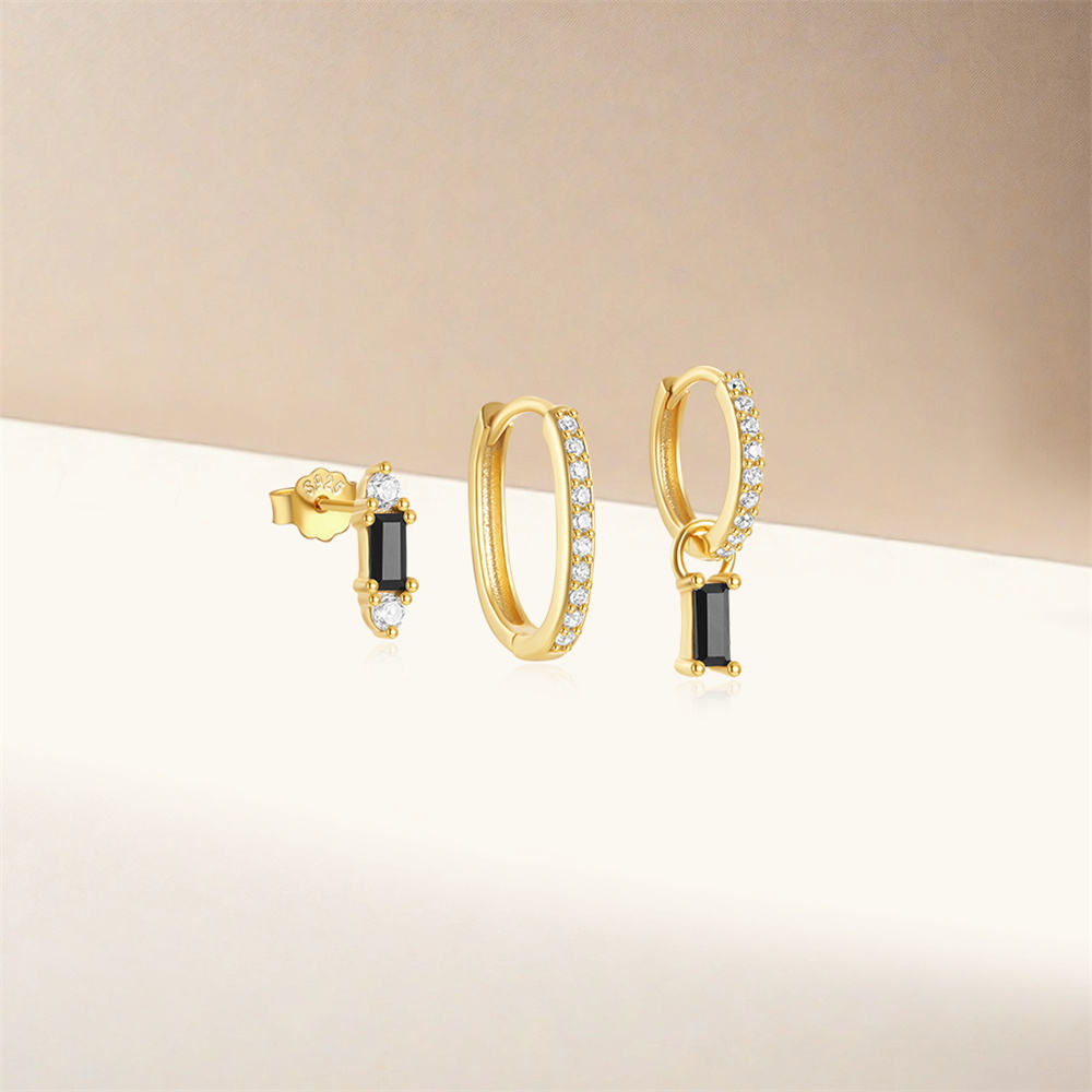 MT 3-Piece Earring Set 18K Gold Plated Sterling Silver Drop Earrings with Sparkling 5A Black Zirconia Stud Earrings Set for Men Women High quality Who