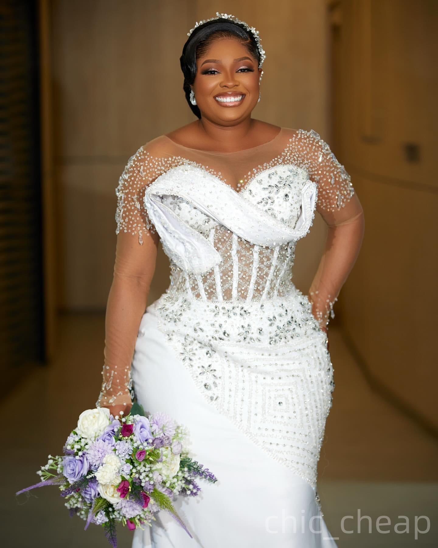2025 Aso Ebi Plus Size White Mermaid Wedding Dress Rhinestones Beaded Sheer Neck Full Sleeves Satin Vintage Bridal Gowns Dresses ZJ0686