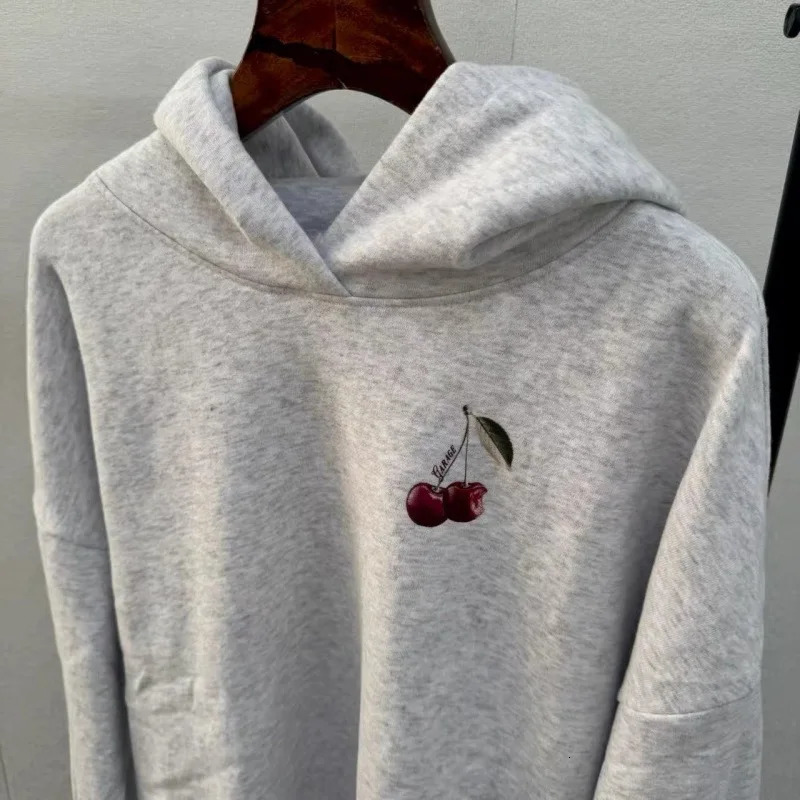 Streetwear Y2K Gothic Light Grey Casual Sweatshirt Pullover Hoodie Womens Classic Harajuku Cherry Graphic Print Oversized Hoodie 250825