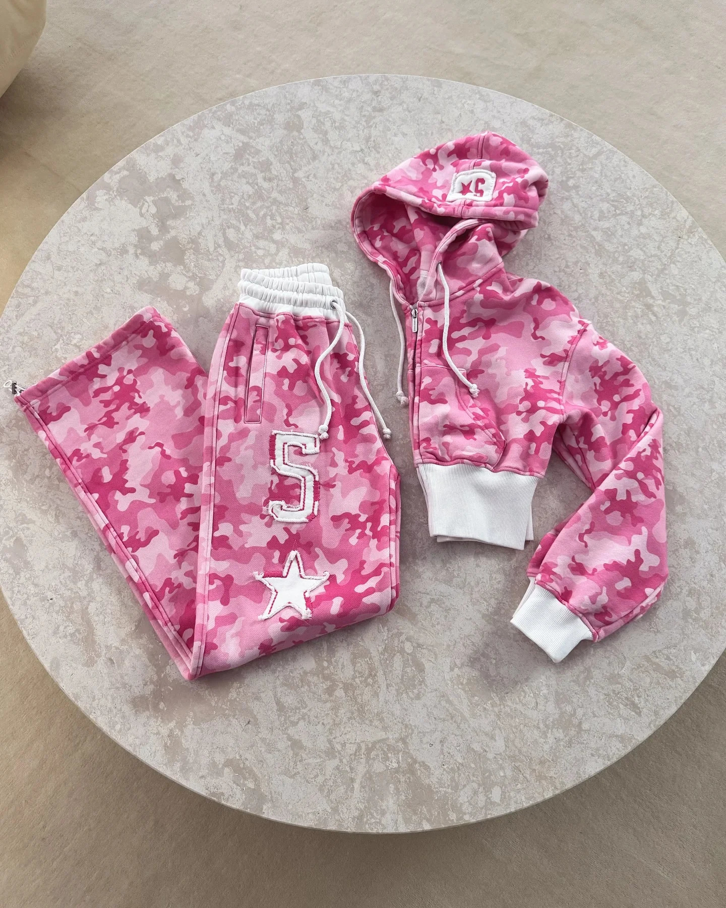 Streetwear Harajuku Retro Pink Two Piece Sportswear Hip Hop Rock Sexy Camouflage Short Hoodie Women Y2K Casual Sports Pants 250825