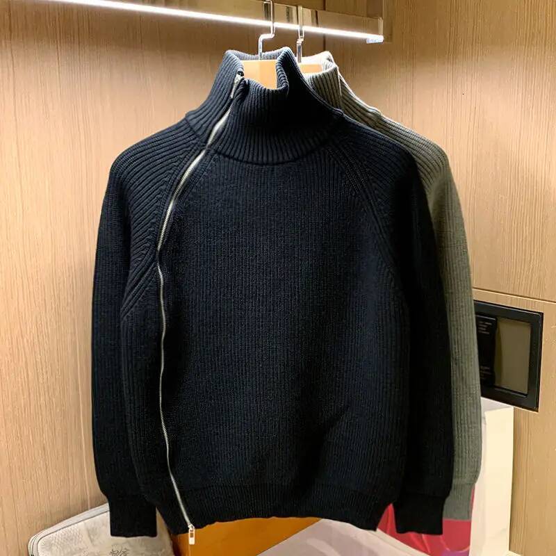 2025 Trendy Brand Solid Color Half Turtleneck For Men In Winter Personalized Side Zipper Sweater Design Warm Top