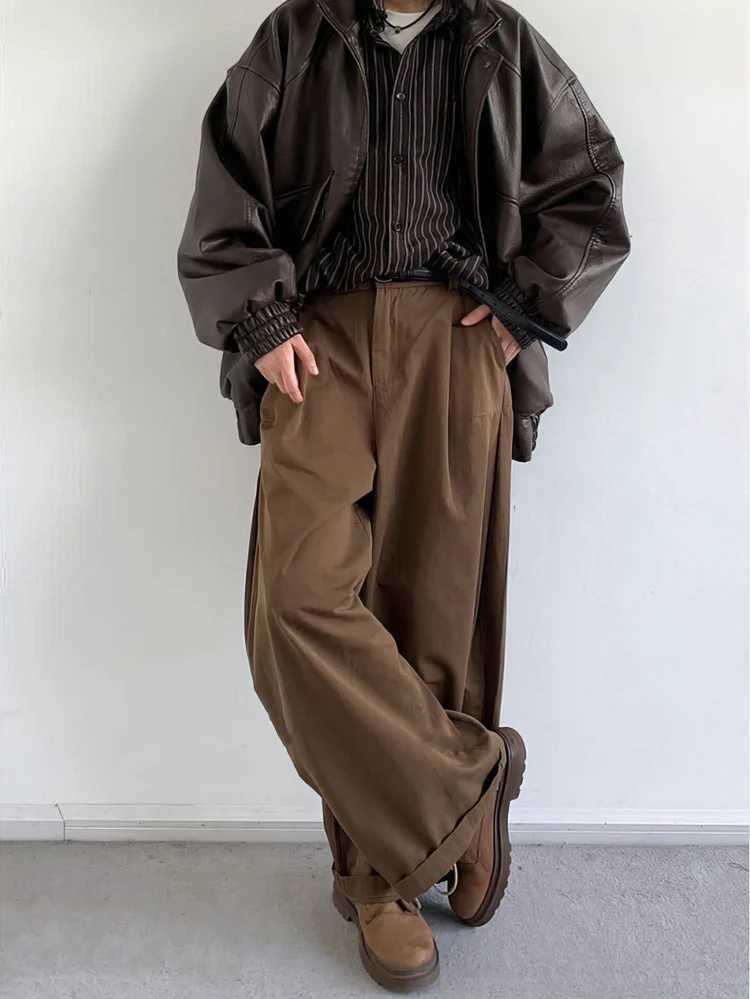 2K Vintage Brown Baggy Cargo Pants Men Korean Harajuku Suit Pants Office Casual Trousers Male Wide Leg Work New W250826