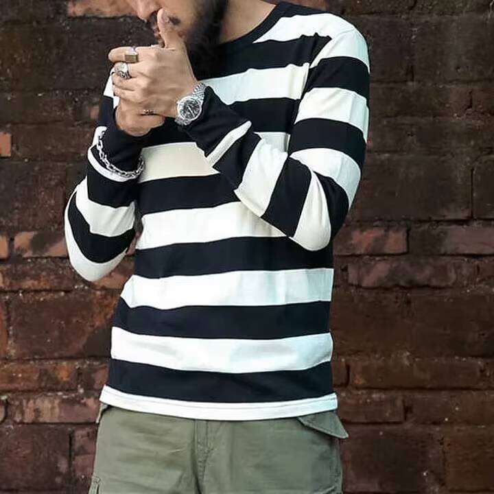 Custom Design Men's Long Sleeve O-Neck 100% Cotton Knitted Stripe Printed Oversized T-Shirt