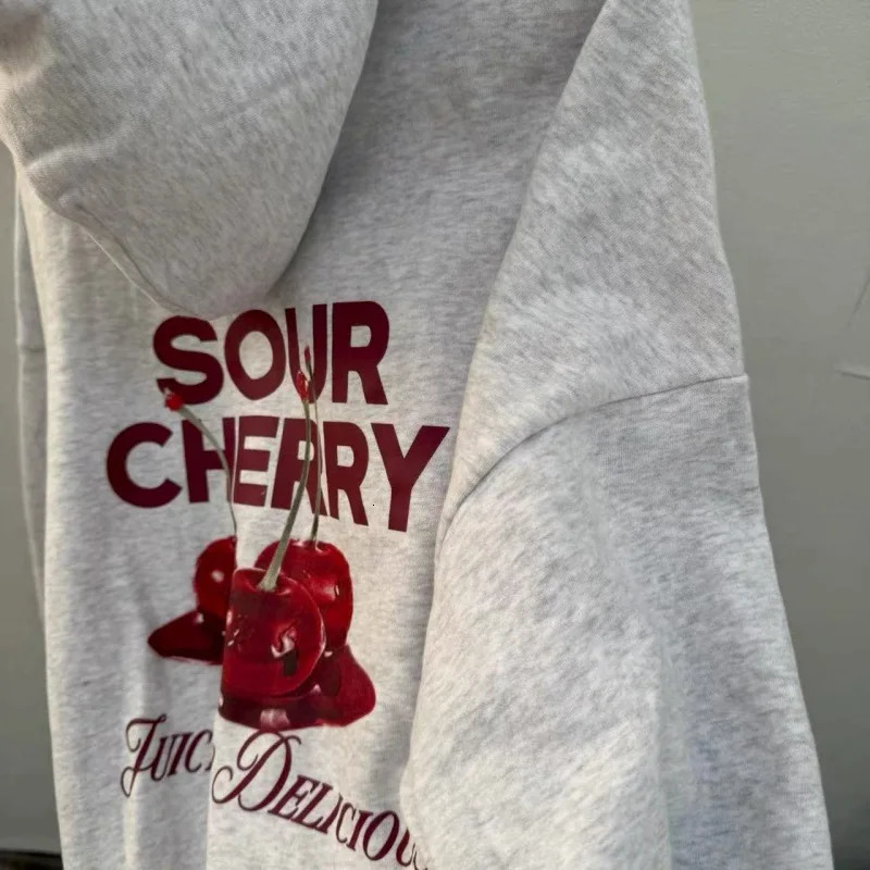 Streetwear Y2K Gothic Light Grey Casual Sweatshirt Pullover Hoodie Womens Classic Harajuku Cherry Graphic Print Oversized Hoodie 250825