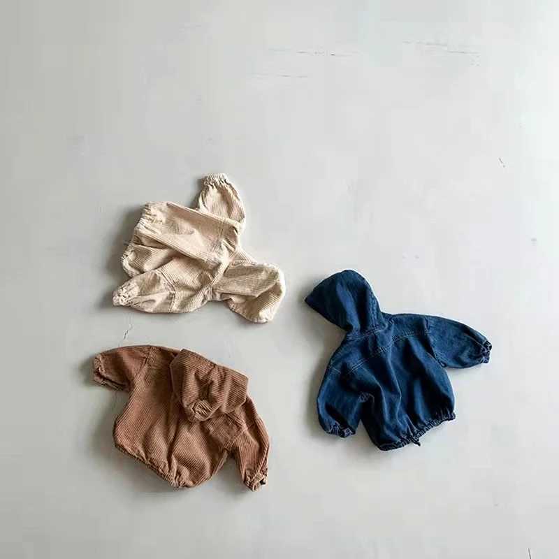 WT212033 Korean Sle Baby Spring Autumn Hooded Denim Corduroy Casual Jacket New Arrival Fashionable Open Cardigan for Kids Z250826