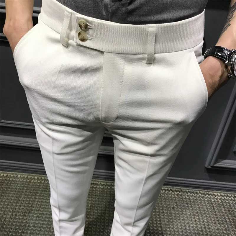 Mens Fashion Slim Fit Comfortable Ankle Length Suit Pants Casual Elastic Solid Small Foot Nine Point Pants Commuting Wear W250826