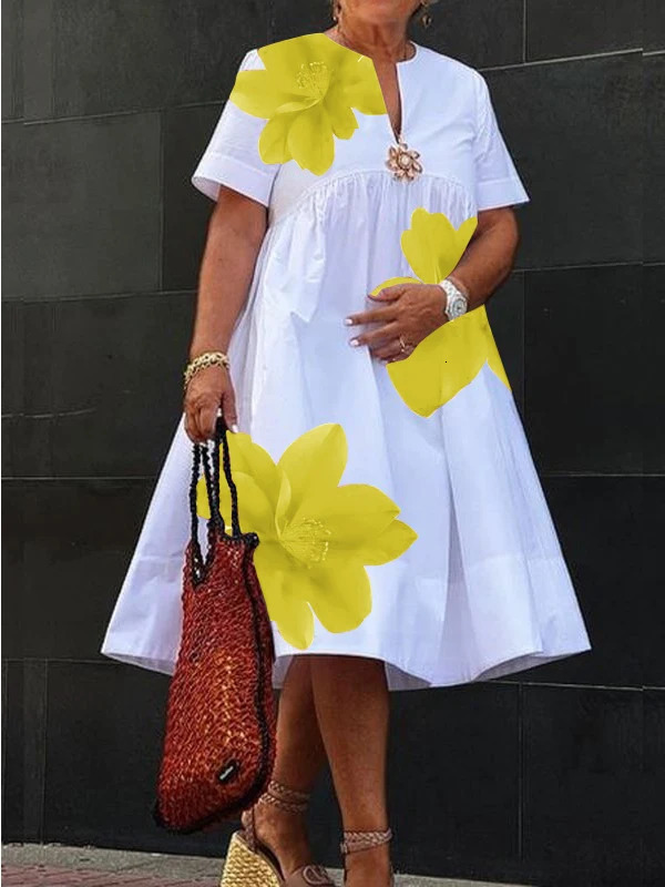 Modigirl Womens Summer Dress 2025 V-Neck Pleated Short Sleeves White Loose Flower Print Casual Midi Dresses for Woman 250825
