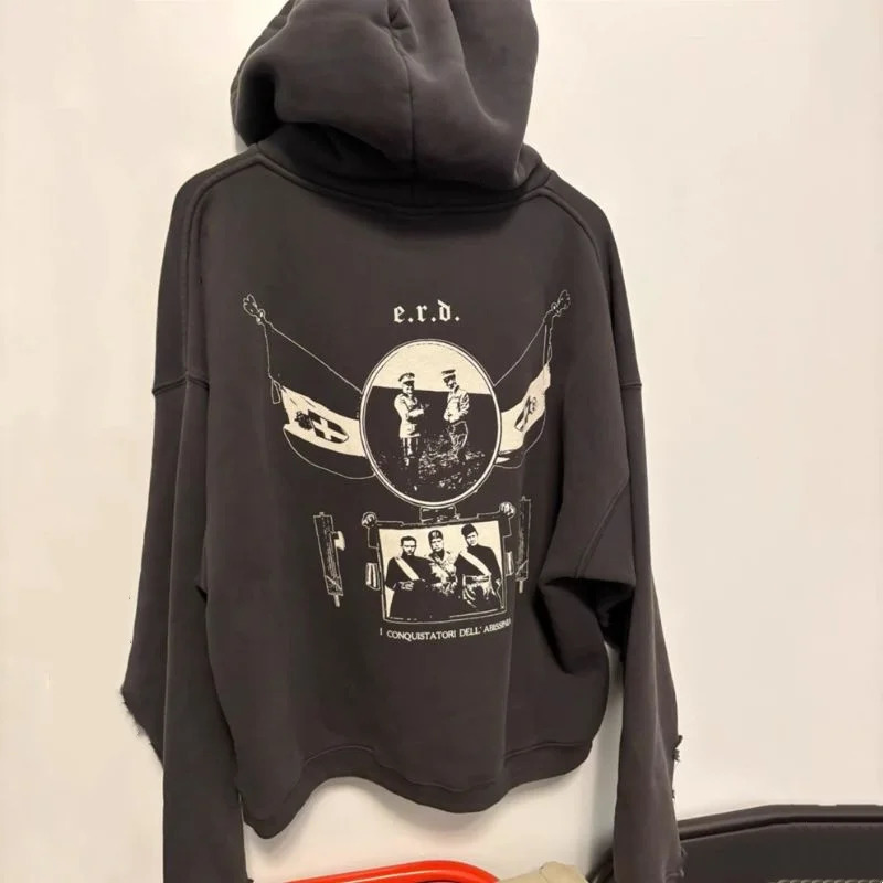 American Street ERD Hoodies Oversized Vintage Printed Patchwork Hooded Sweatshirts Casual Loose Men Women Washed Hole Hoodys 250825