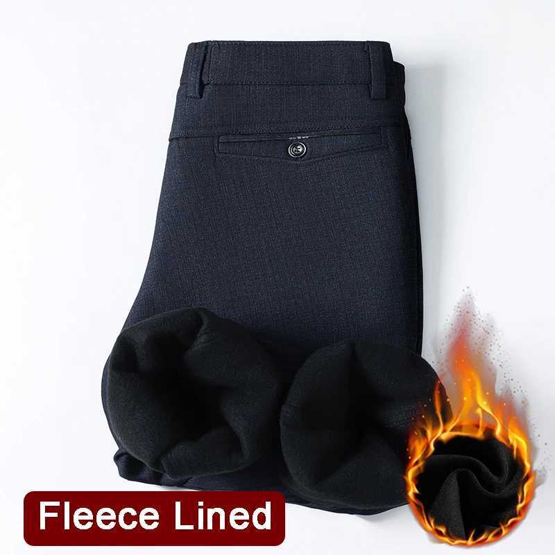 Mens Fleece Lined Suit Pants Business Casual Loose Straight Black Formal Dress Pants Navy Blue Thick Warm Trousers W250826