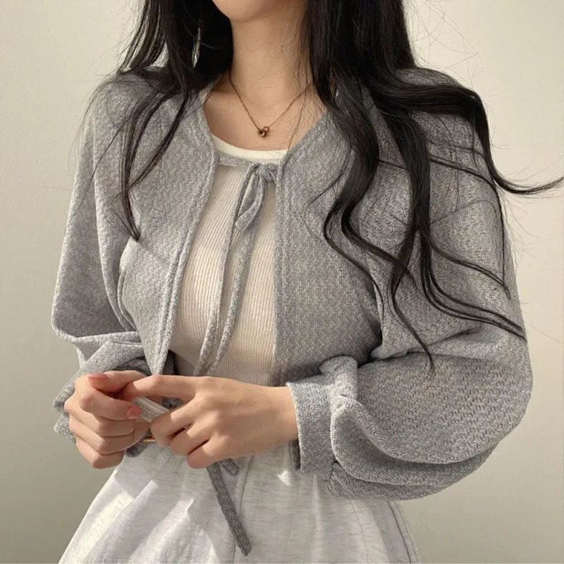 Casual Knitted Cardigan Women Fashion Thin Sunscreen LaceUp Knitwear Tops Y2k Girls Korean Style Lantern Sleeve Cropped Coat 250917Z