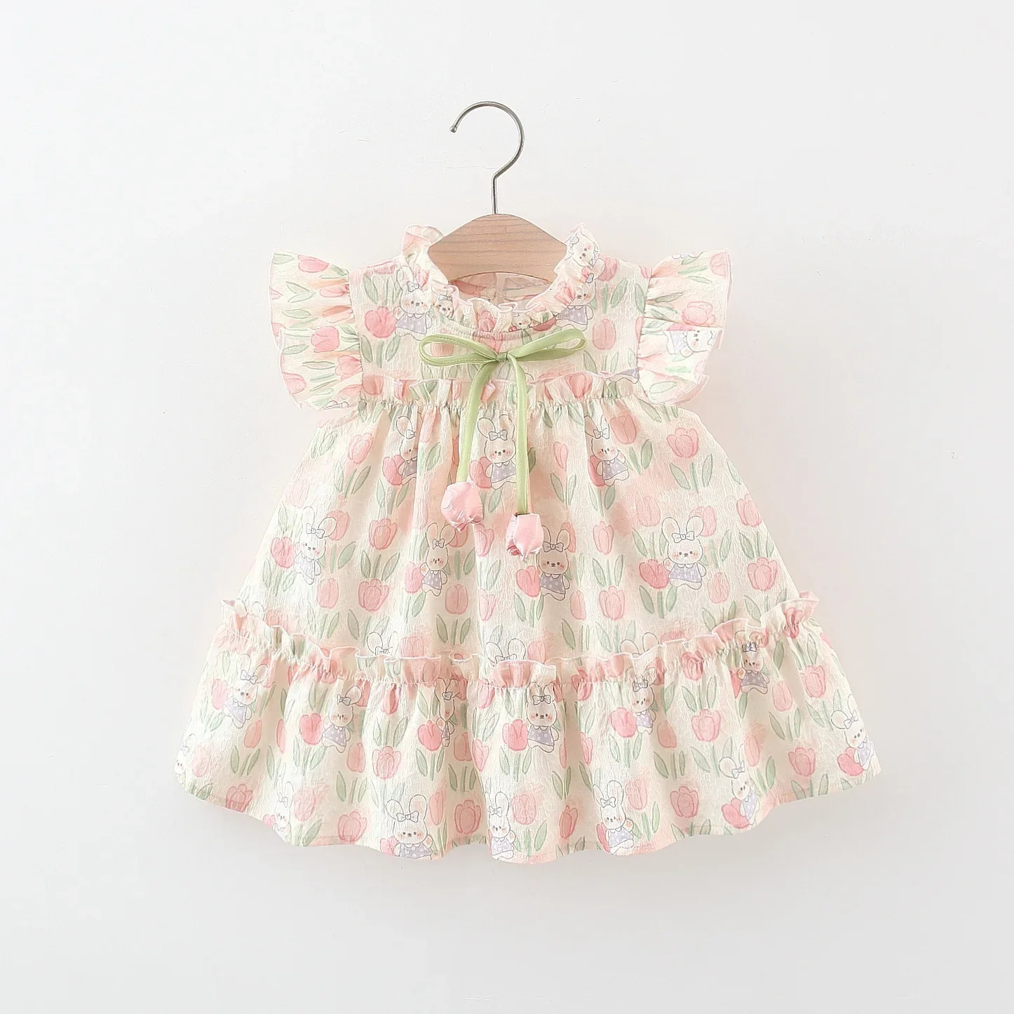 Summer Hardwear Girl Dress Tulip Cartoon Rabbit Print Small Flying Sleeves Flower Neck Bow Ribbon Pattern 250825