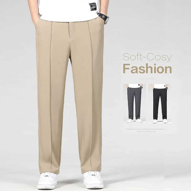 New Autumn Mens Business Straight Suit Trousers Elastic Waist Drape Loose Casual Stitching Khaki Black Pants Brand Clothing W250826