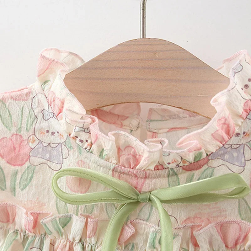 Summer Hardwear Girl Dress Tulip Cartoon Rabbit Print Small Flying Sleeves Flower Neck Bow Ribbon Pattern 250825