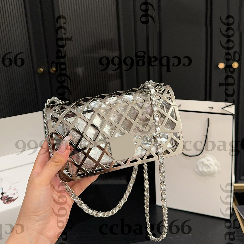 Designer Hollow out CF Women All Metal Material Hardware Classic Flap Cross Body Bag Silver Metal Hardware Matelasse Chain Luxury Shoulder Bag Handbag 18x10cm