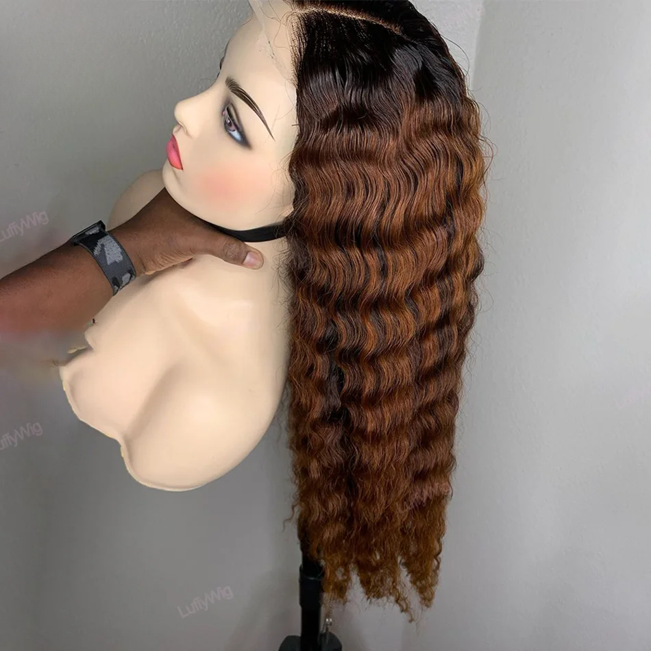 250 Density Brazilian Ombre Brown Deep Wave HD Lace Front Wig Colored Curly Human Hair Wig 13x4 Lace Frontal Wigs Wear And Go Synthetic for Women