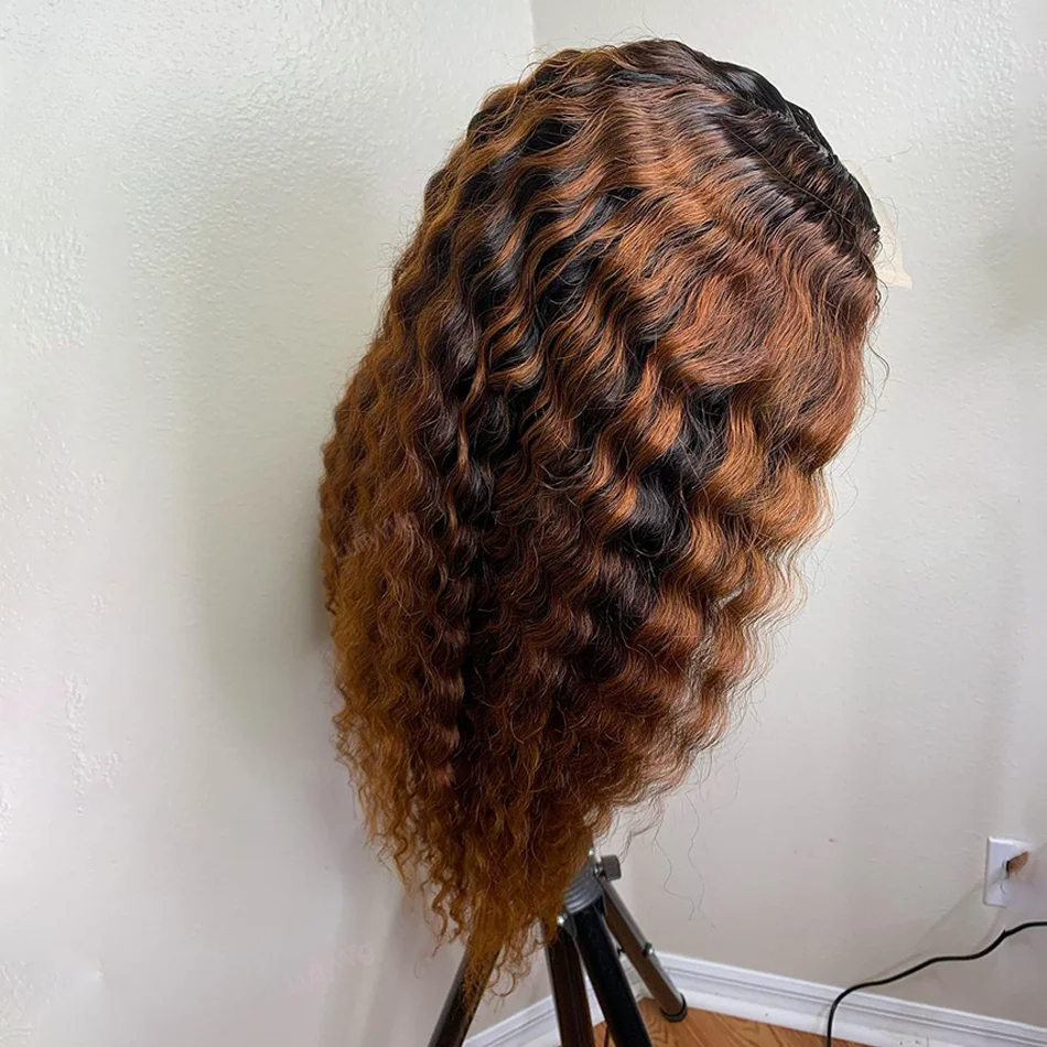 250 Density Brazilian Ombre Brown Deep Wave HD Lace Front Wig Colored Curly Human Hair Wig 13x4 Lace Frontal Wigs Wear And Go Synthetic for Women
