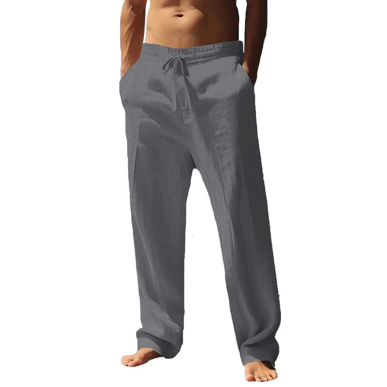 Mens Cotton Linen Long Pants Summer Solid Color Male Casual Elastic Waist Casual Pants Harajuku Trousers Breathable Linen Trousers W250826