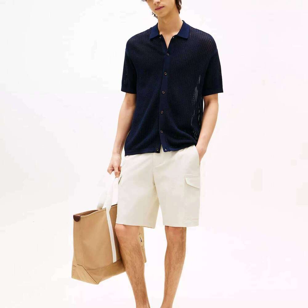 Custom Men's Summer Cardigan 100% Cotton Mesh Knit Breathable Plus Size Casual Short Sleeve for Polo Collar Shirt Yarn Dyed