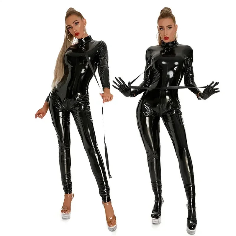 Women Black Shiny Wetlook Latex Catsuit Stretch Faux Pu Leather Erotic Lingerie Bodysuit Sexy Bodycon Front Zipper Jumpsuits 250826