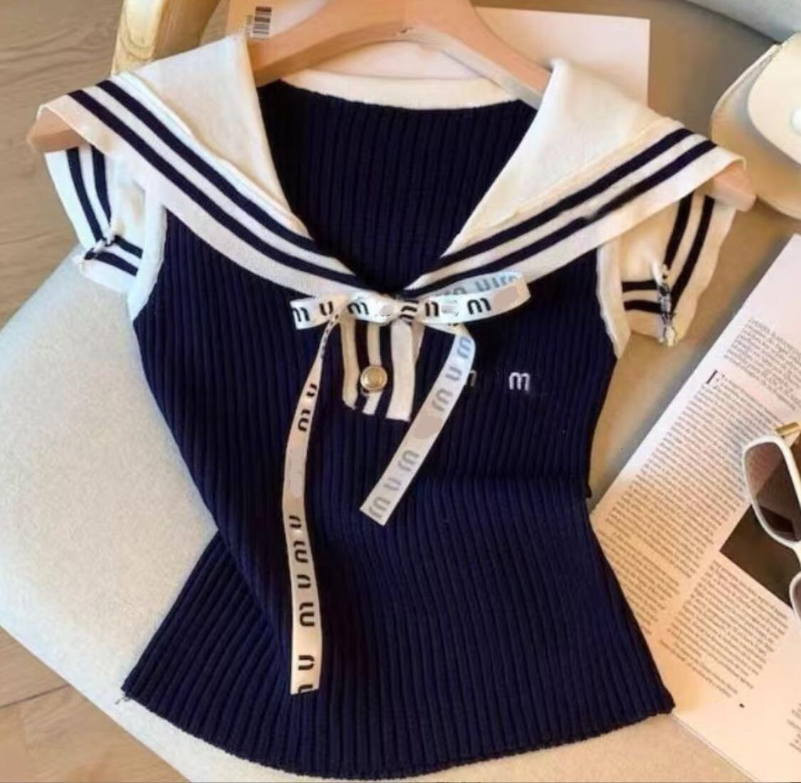 Women fashion designer sailor collar logo letter embroidery knitted tank tops cute bow patched vest camis SML