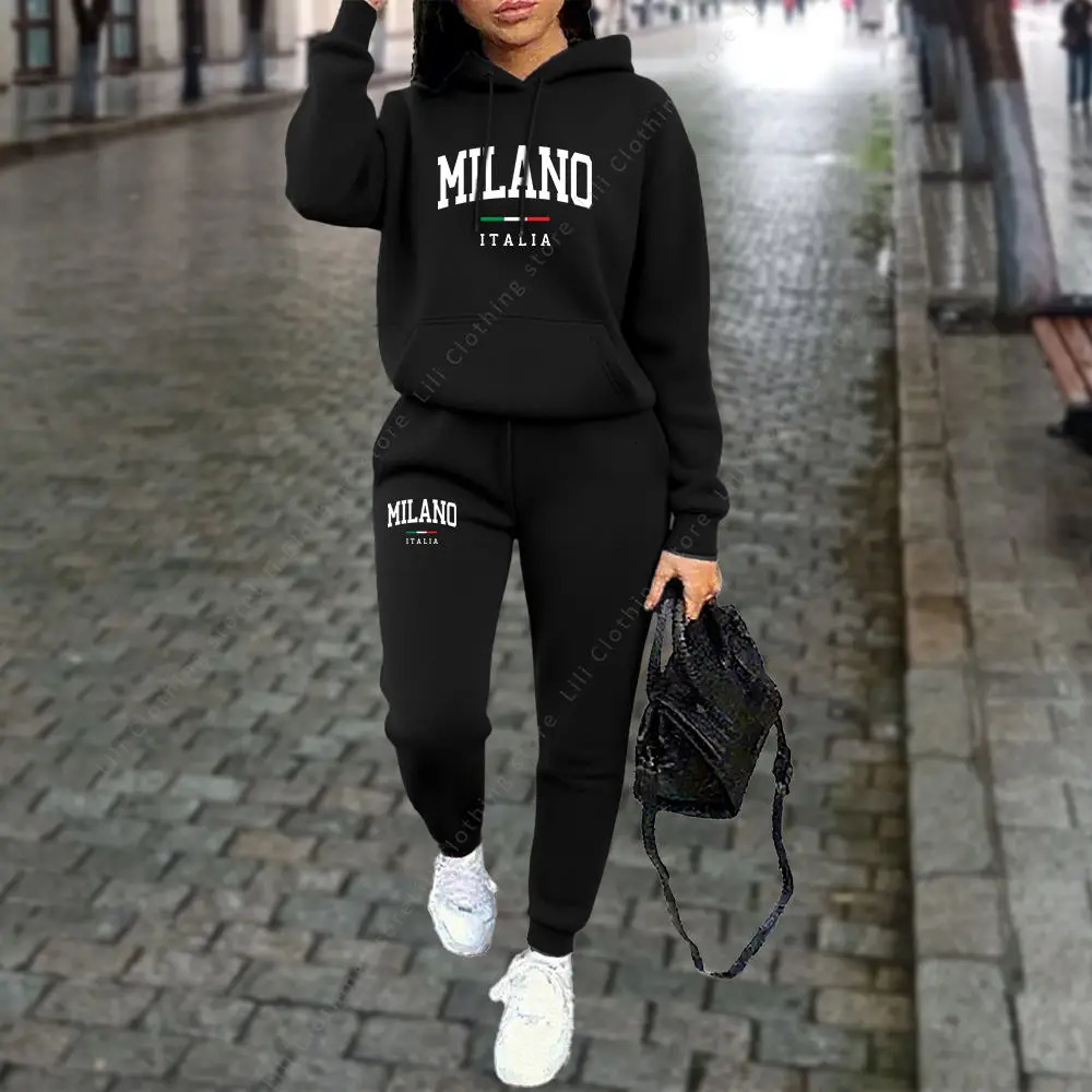 Autumn Winter Womens Sets 2pcs Hoodies Pants Suit Sports Outfits 2025 MILANO Letter Print Aesthetic Clothes Ladies Tracksuit 250826