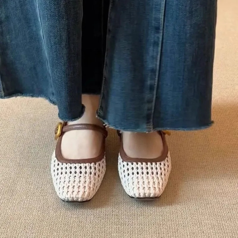 Vintage Leather Square Toe Woven Hollow-out Mary Jane Shoes Womens Shallow-cut Square Toe Thick Heeled Sandals 250821