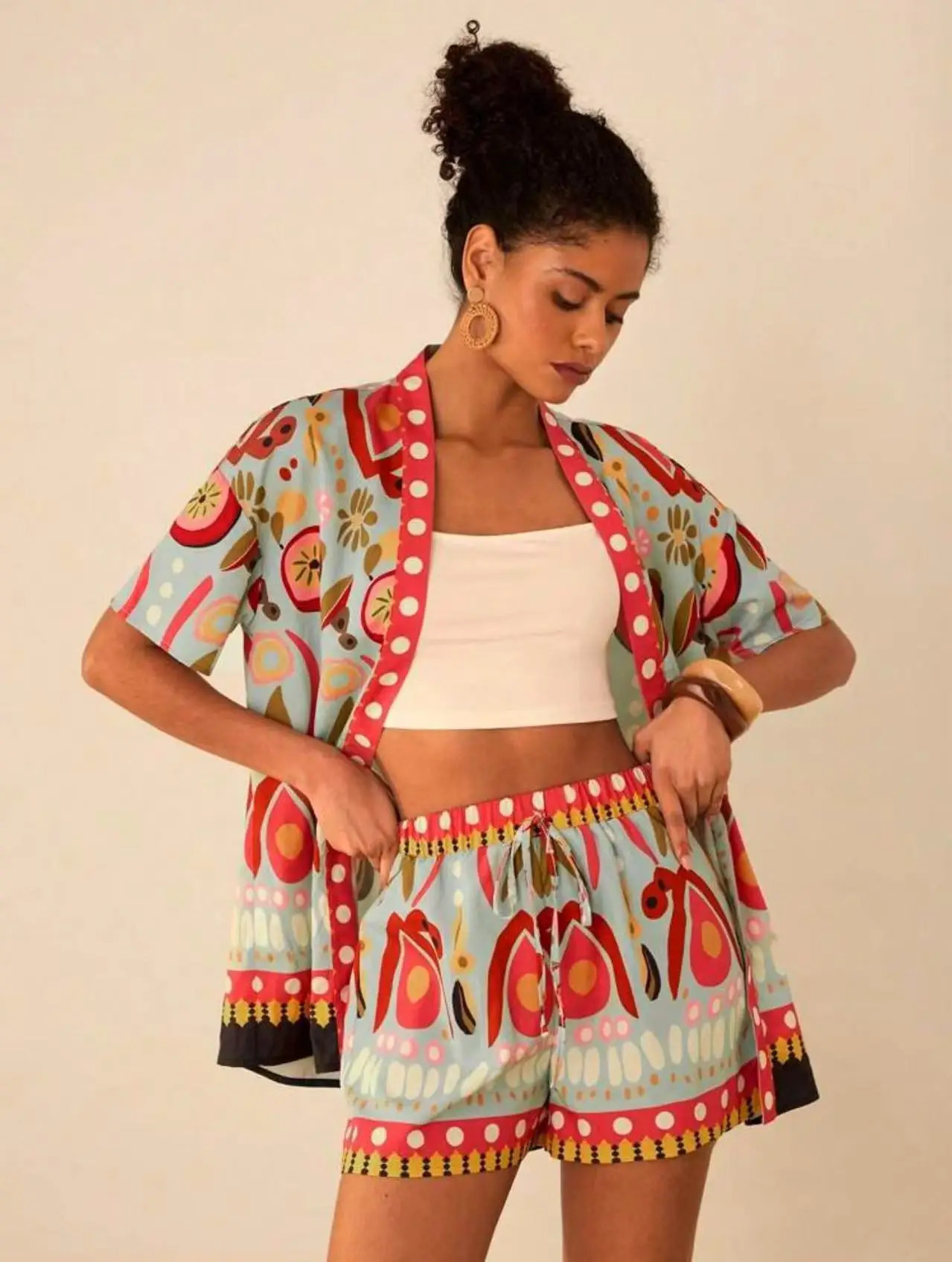 2025 Summer Fashion Printed Two Piece Set Women Casual Beach Style Holiday Cardigan Shirt Top Shorts 2Piece Outfit 250825