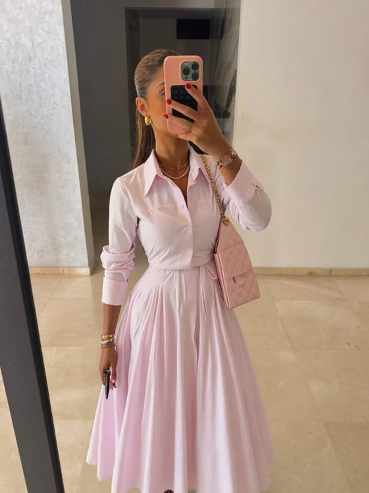 Elegant Solid Shirt Maxi Skirt Dress Set Womens Formal Long Sleeve Lapel Shirts Aline Skirts Loose Fit Office Female Outfit 250825